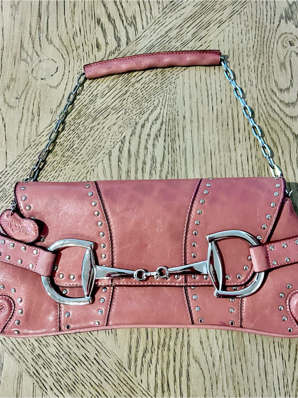 Rina Rich Horsebit Purse Bag Baguette Chain Strap Light Mauve
